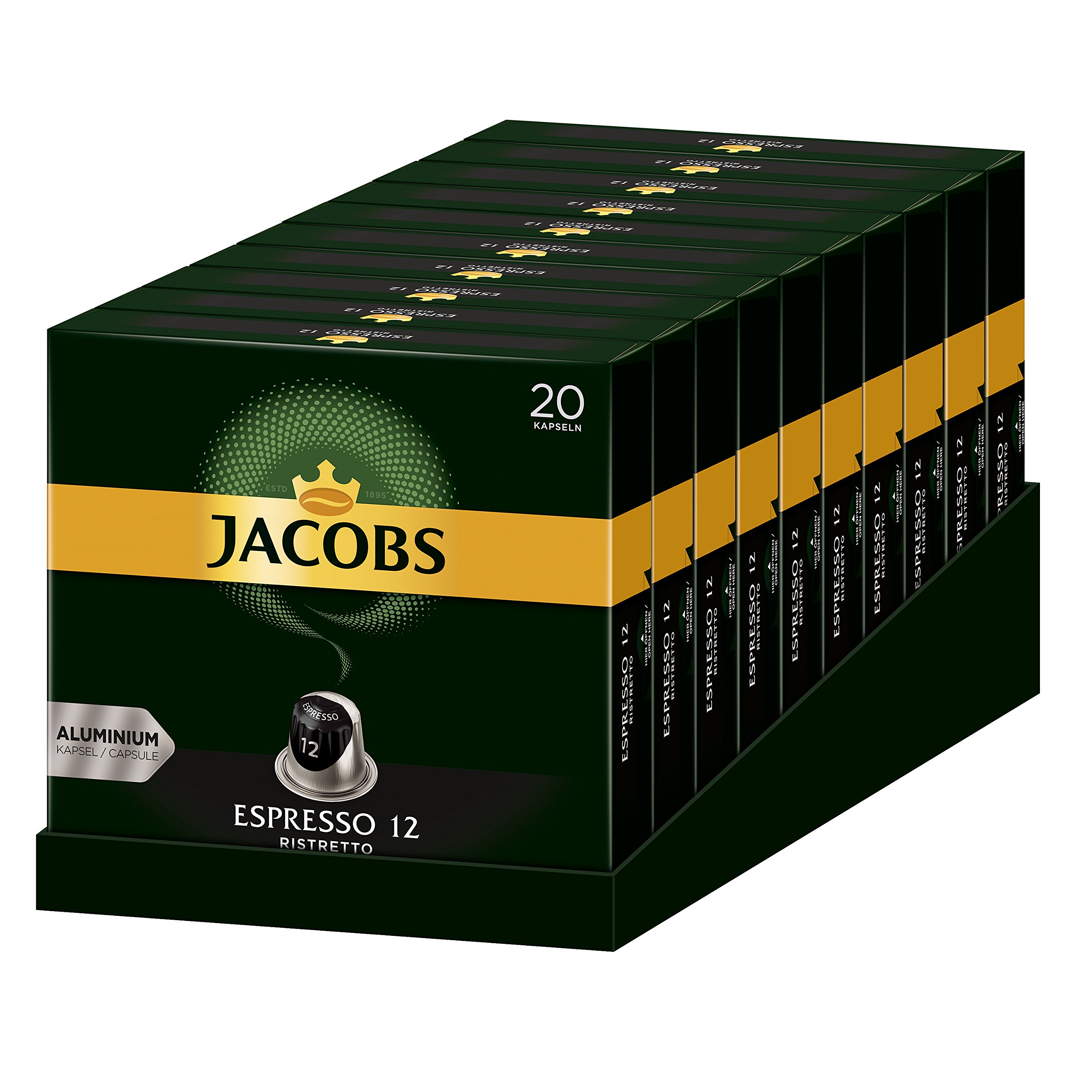 Jacobs Kaffeekapseln Guten Morgen XL Intense - 10er Pack (10 x 20 Getränke) & Kaffeekapseln Espresso Ristretto, Intensität 12 von 12, 200 Nespresso®* kompatible Kapseln, 10 x 20 Getränke