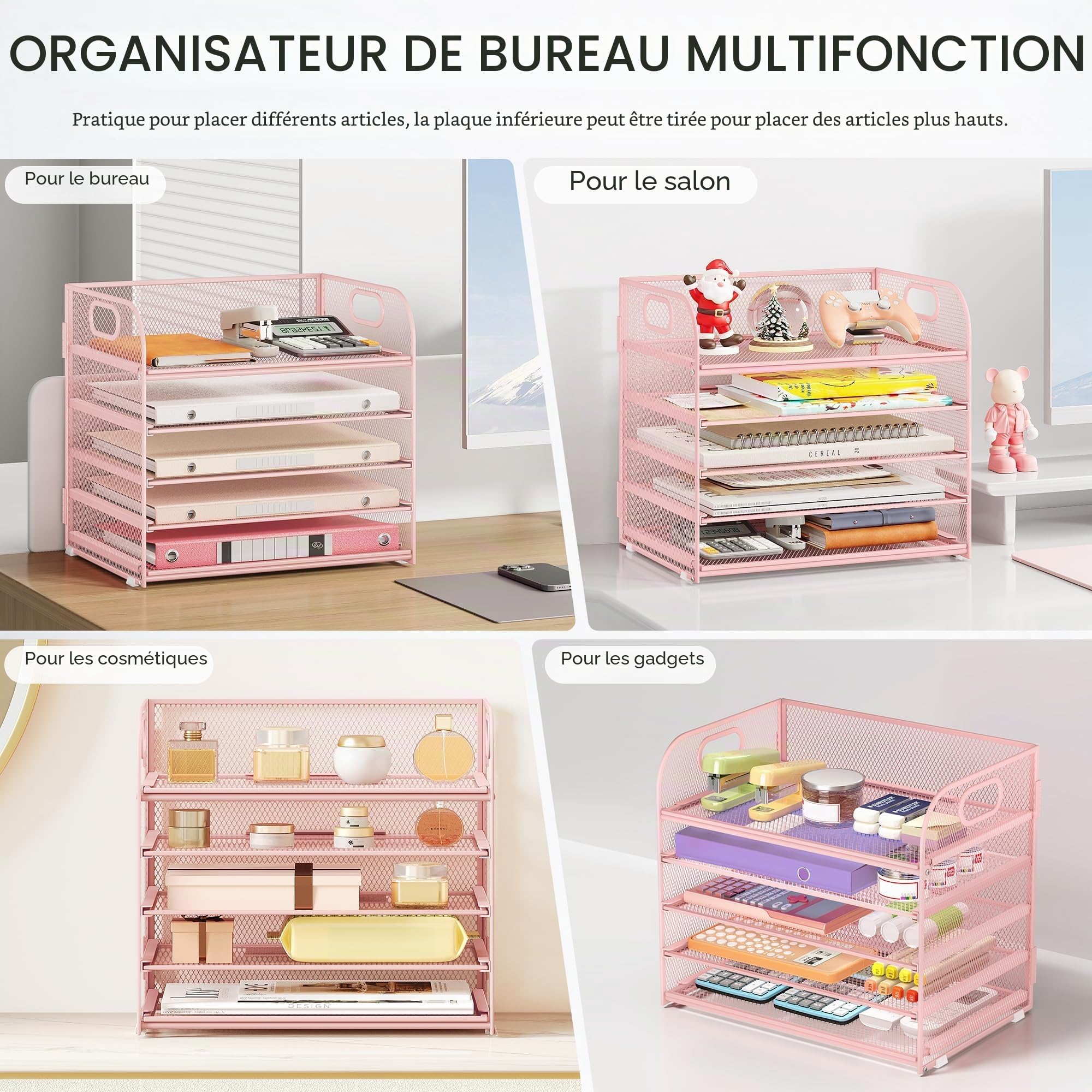 VITVITI Organiseur de Bureau à 5 Niveaux - Porte-Documents empilable avec poignée - Fournitures de Bureau pour Documents A4, Papier, Livre, Magazine - Rose