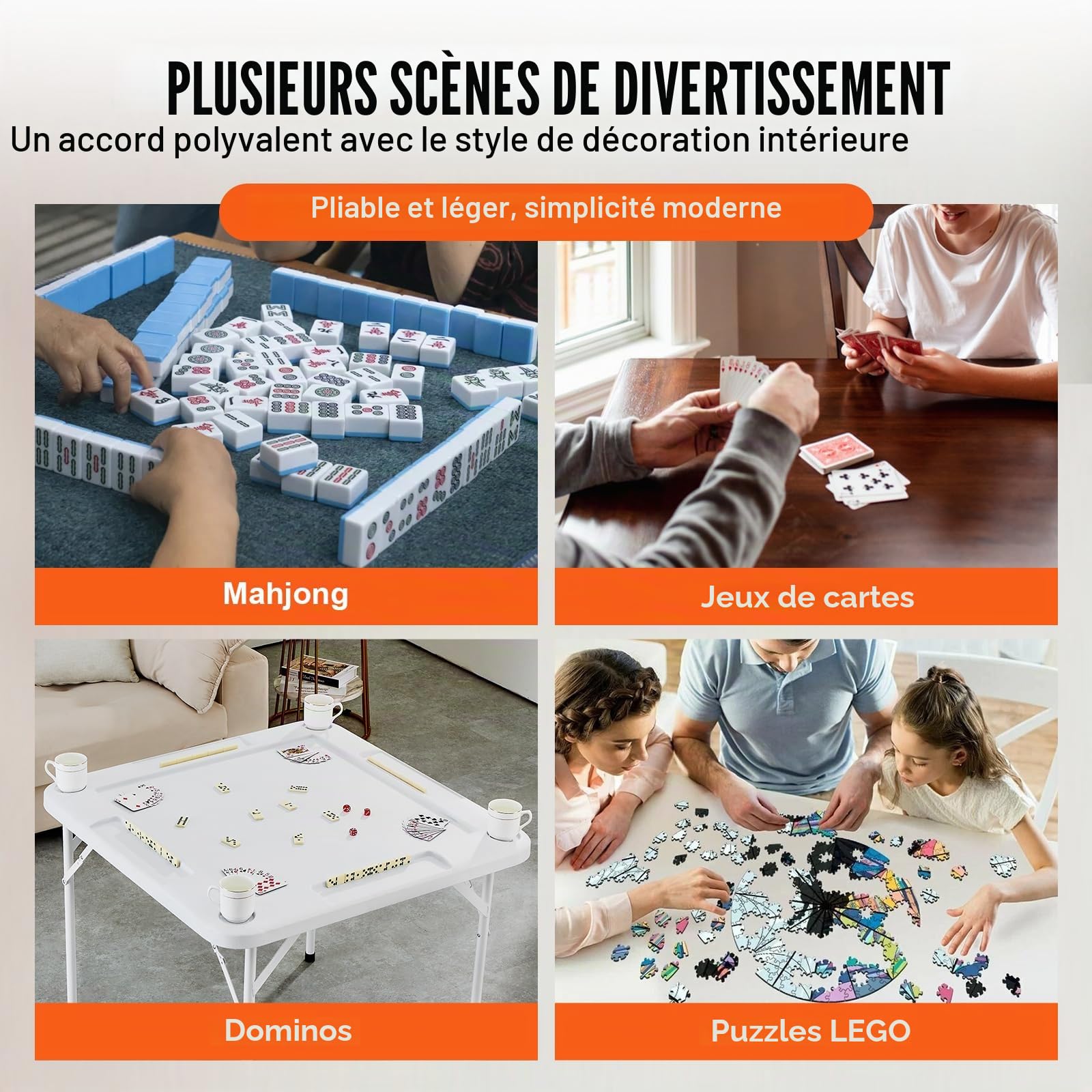 VEVOR Table de Mahjong Pliante Carrée pour 4 Joueurs, Table de Jeu de Cartes Portable, avec 4 Porte-gobelets et 4 Plateaux à Jetons, Jeu de Dominos pour Puzzles Poker Mahjong, 90 x 90 cm, Blanc