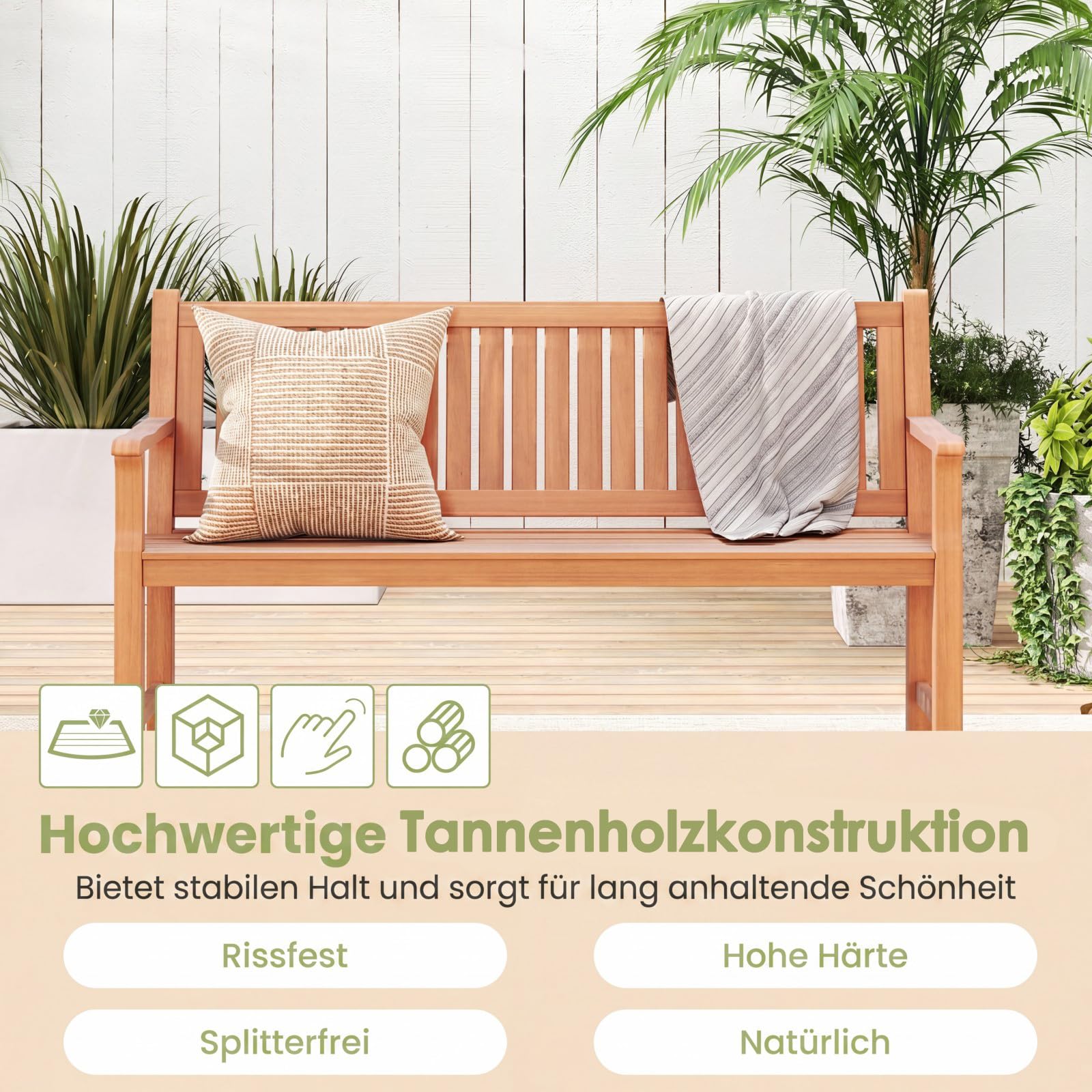COSTWAY Gartenbank Holz, 3-Sitzer Holzbank wetterfest, Sitzbank, Balkonbank mit Armlehnen, Terrassenbank, Parkbank für Garten, Balkon, Terrasse, 150 x 53,5 x 89 cm