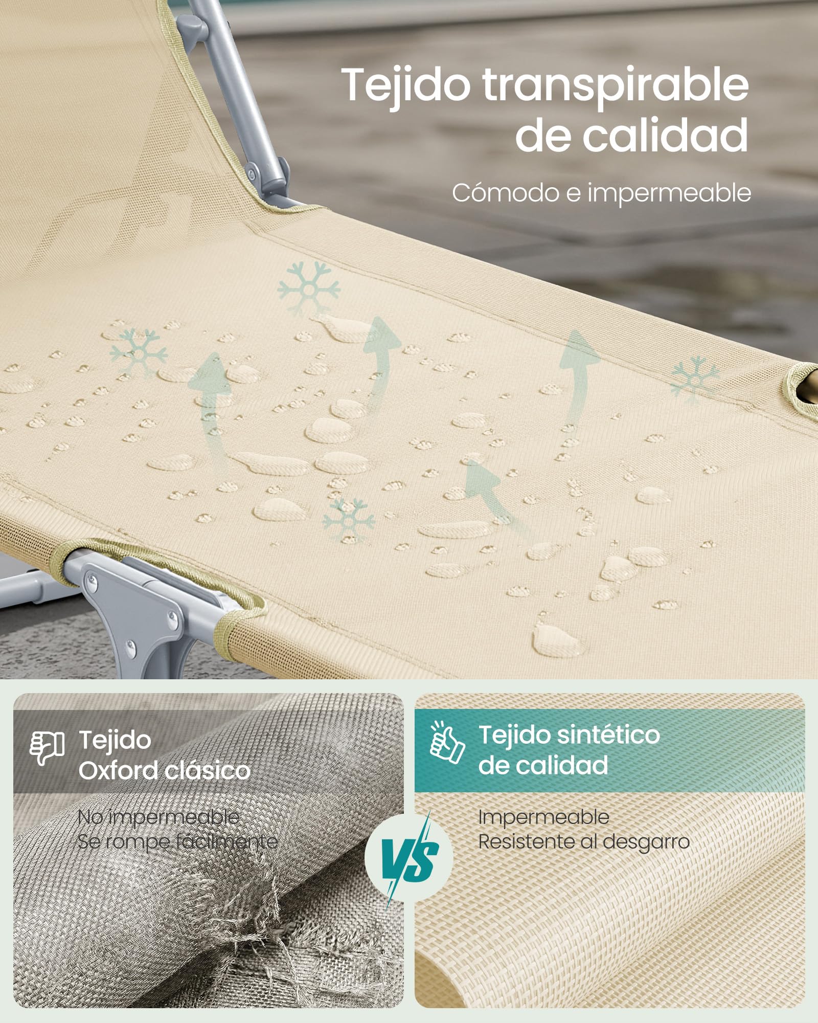 SONGMICS Tumbonas Plegables, 189 x 53 x 28,5 cm, Juego de 2 Tumbonas para Jardín, Cada Una con Carga 110 kg, con Parasol y Respaldo Ajustables, para Terraza y Balcón, Beige GCB294WZ02