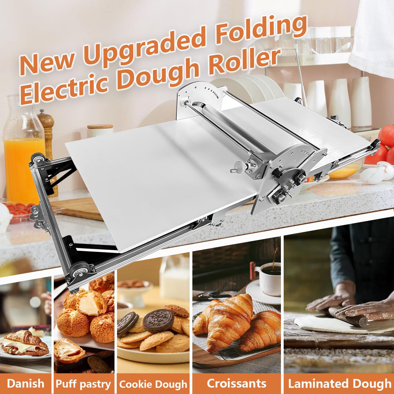 Compact elektrische Dough Rolling Machine, elektrische Foldable Dough Sheeter, Stainless Steel Pastry Roller with Adjustable Thickness 2mm-30mm, Commercial & Home Use