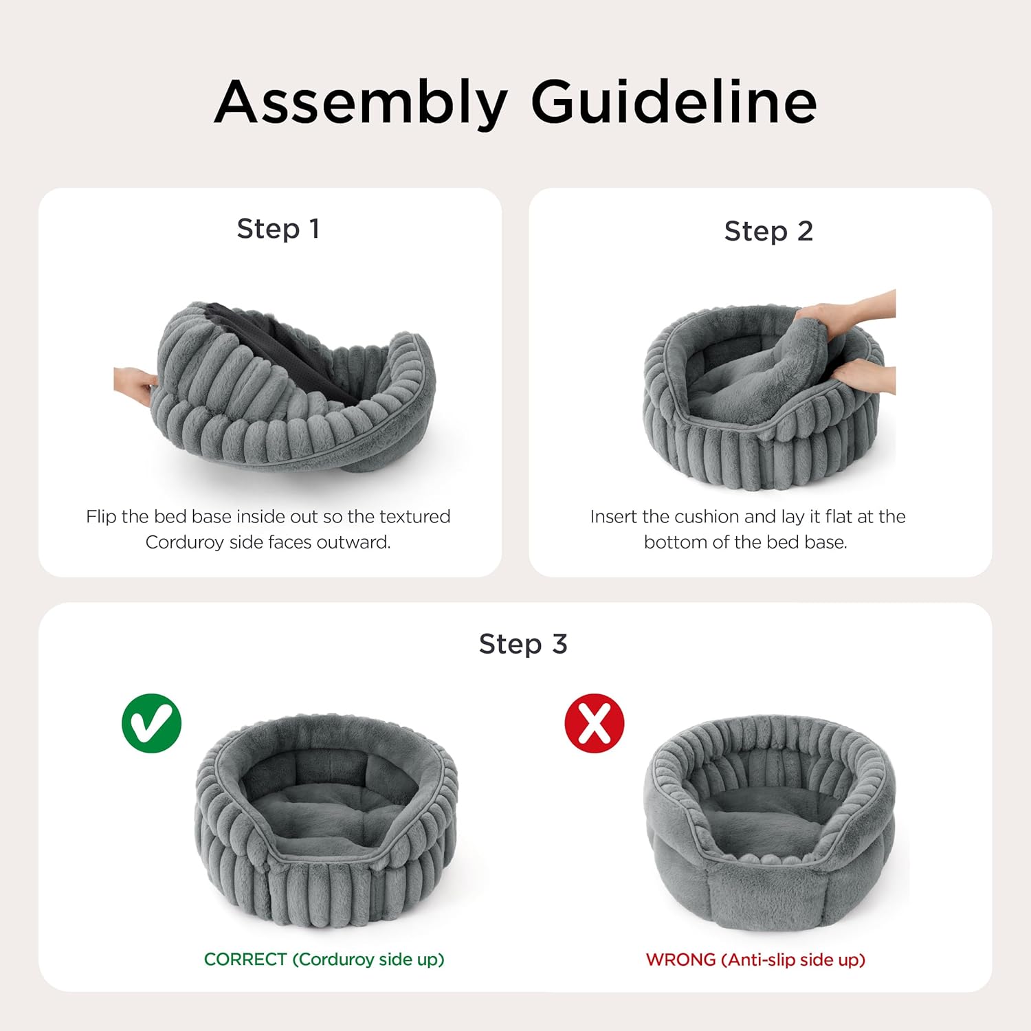 Bedsure ComfyFleece™ Cat Bed, Washable Round Cute Pet Beds for Indoor Cats, Super Soft Corduroy Kitten Bed with Anti-Slip Bottom, 20''x20''x8'', Warm Gray