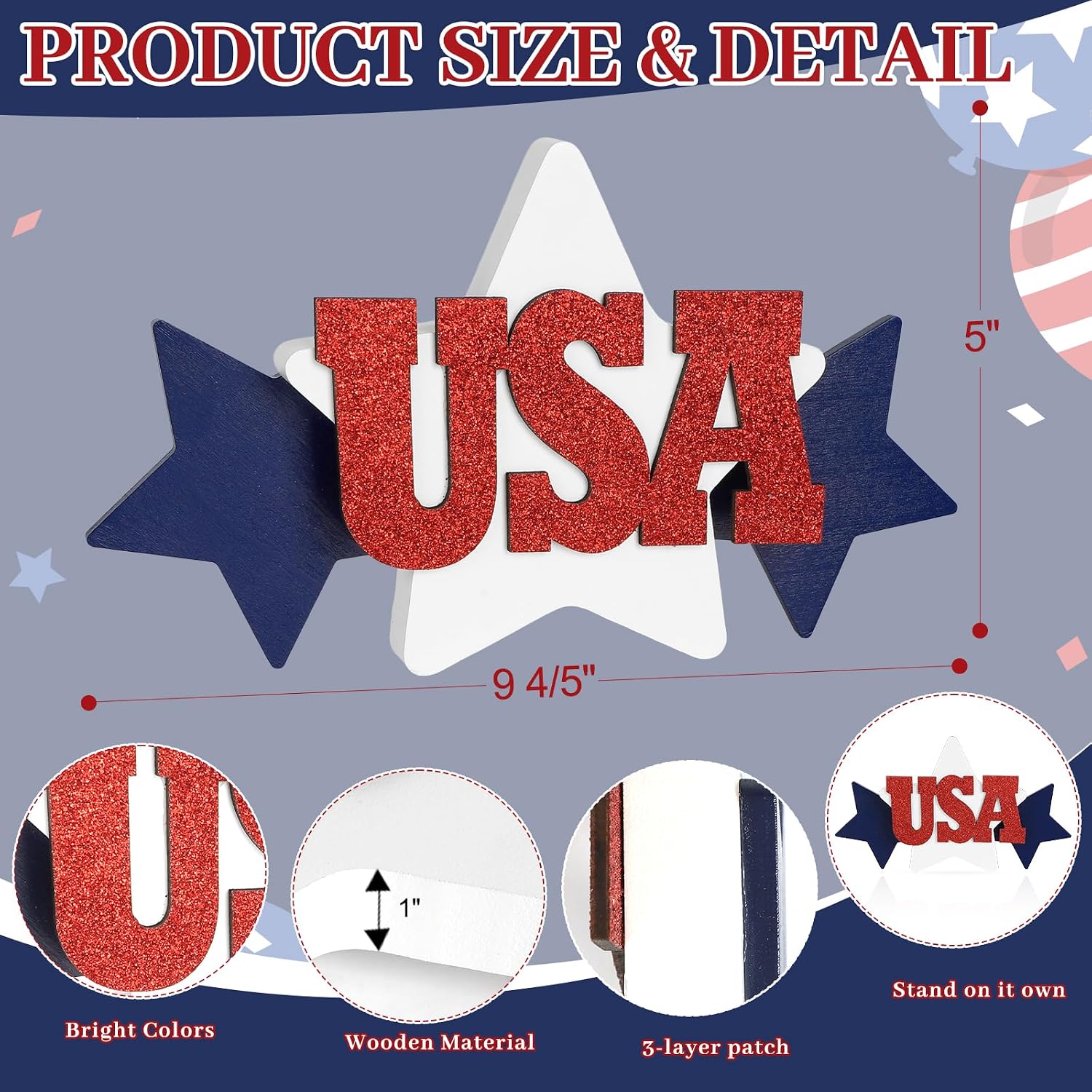 COCHIE Glitter USA Sign 4th of July Decorations for Office, Home, Table, Mantel, Shelf, Desk, 5x10 Inch Patriotic Memorial Day Star Sign, Wooden Red Blue White Decor Labor Day Centerpiece (Star)