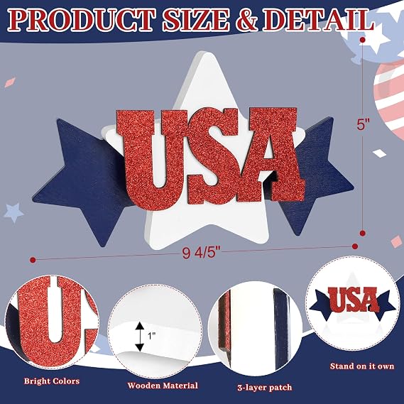 COCHIE Glitter USA Sign 4th of July Decorations for Office, Home, Table, Mantel, Shelf, Desk, 5x10 Inch Patriotic Memorial Day Star Sign, Wooden Red Blue White Decor Labor Day Centerpiece (Star)