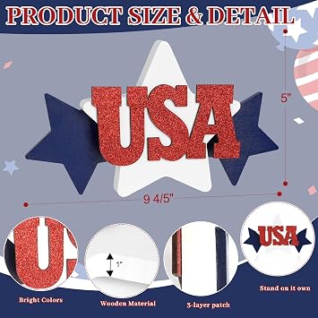 COCHIE Glitter USA Sign 4th of July Decorations for Office, Home, Table, Mantel, Shelf, Desk, 5x10 Inch Patriotic Memorial Day Star Sign, Wooden Red Blue White Decor Labor Day Centerpiece (Star)