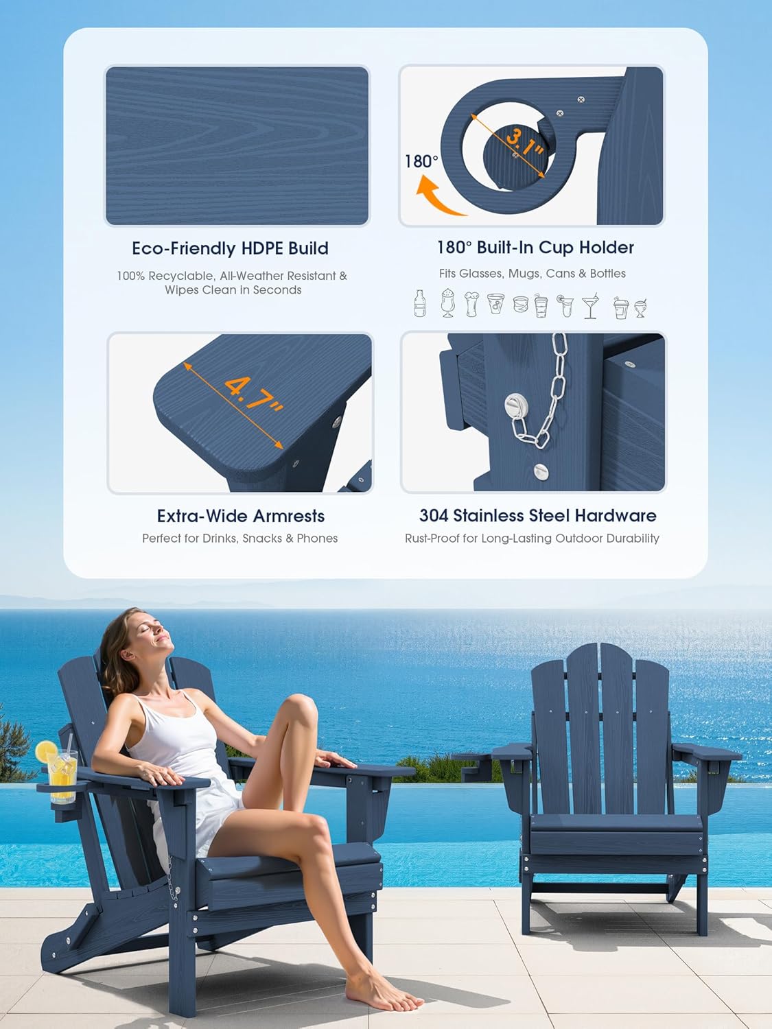 KINGYES Adjustable Folding Adirondack Chair, 3-Position Reclining Adirondack Chairs with Cup Holder, HDPE All-Weather Oversized Adirondack for Outdoor, Patio, Backyard Deck, Fire Pit, Blue - Image 5