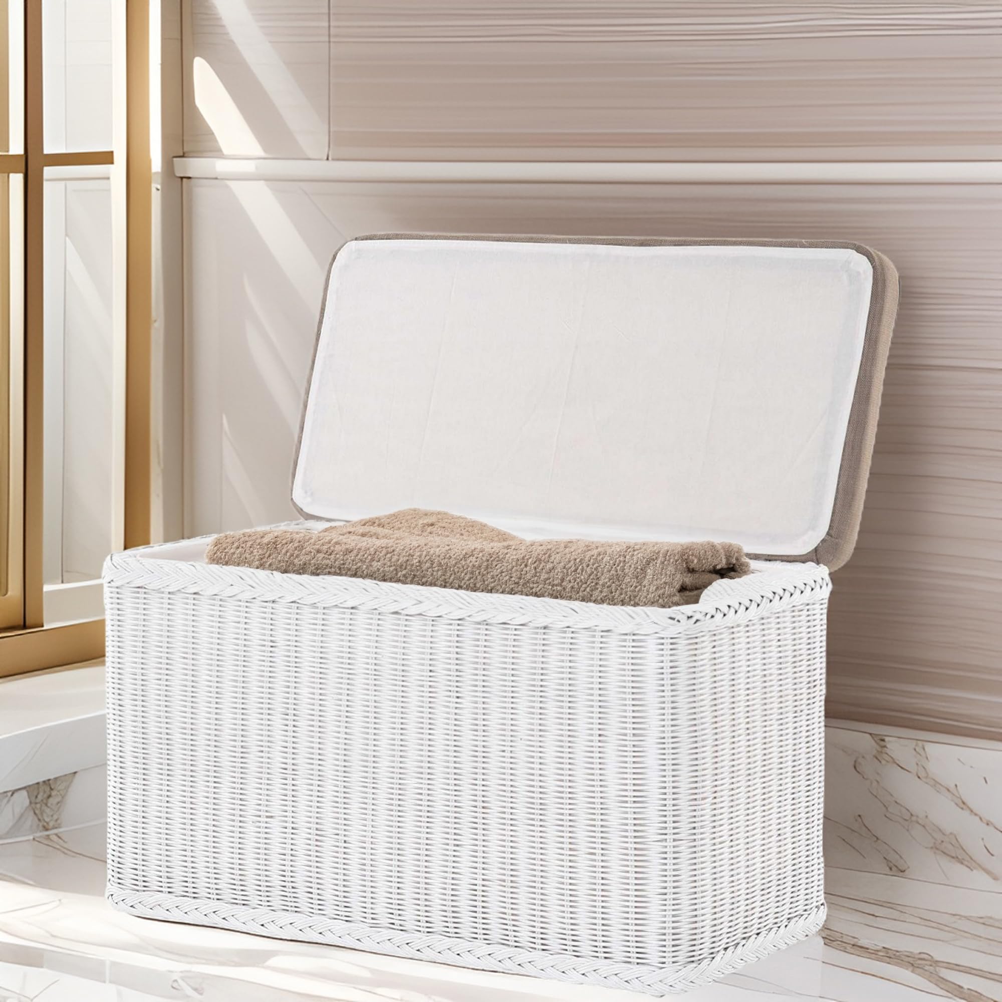 korb.outlet Rattan Wäschekorb Wäschetruhe 80 Sitz Sitzbank gepolstert Weiß, Flur-Bank Aufbewahrungsbox mit Deckel Bad-Hocker Sitzhocker Wäschesammler Sitz-Truhe Natur