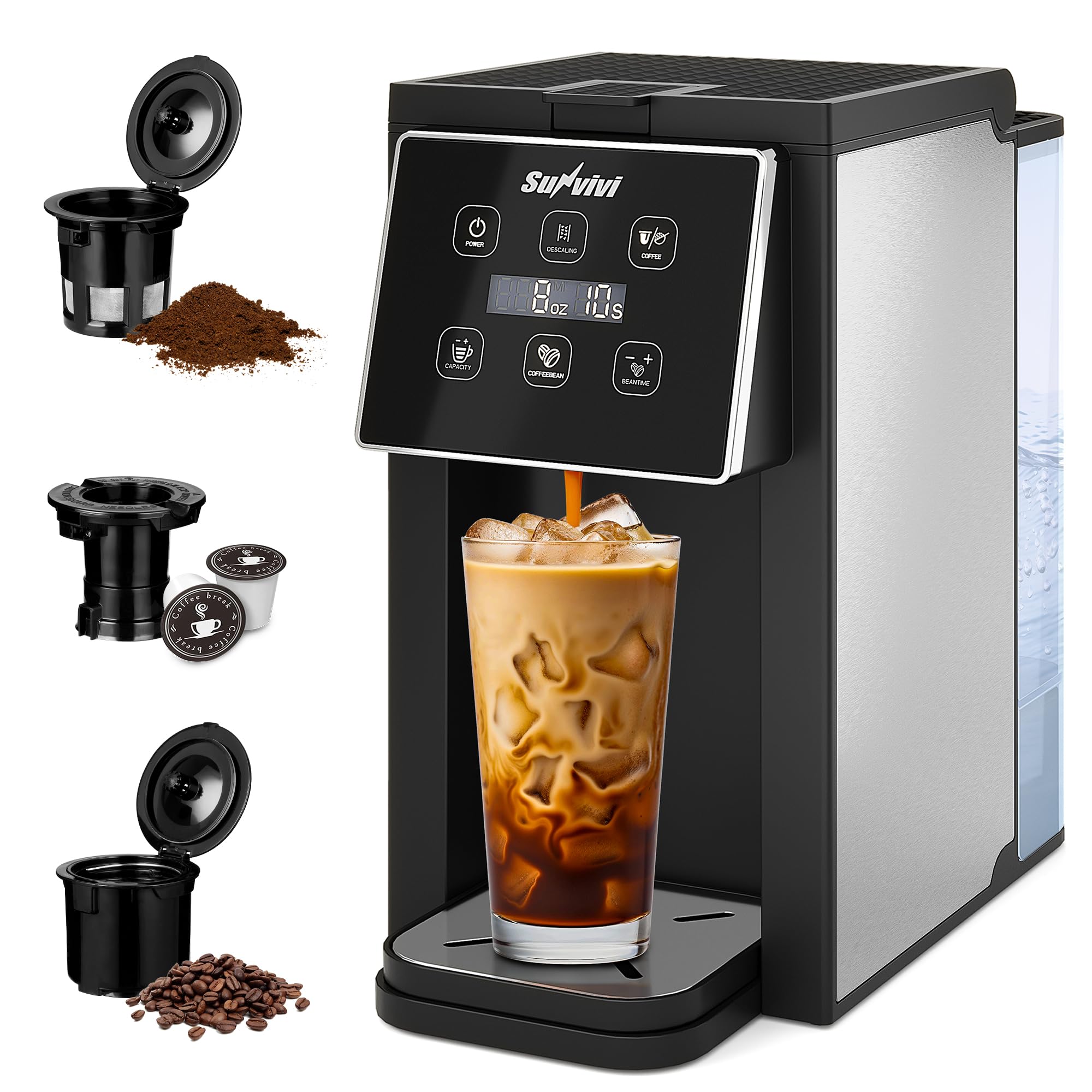 Sunvivi Coffee Maker with Coffee Grinder, 3 in 1 Single Serve Coffee Machine, Compatible Capsule coffee, Ground Coffee & Tea,6-14 Oz Cup,Removable 50 Oz Water Reservoir,Descaling Function,Black/Silver