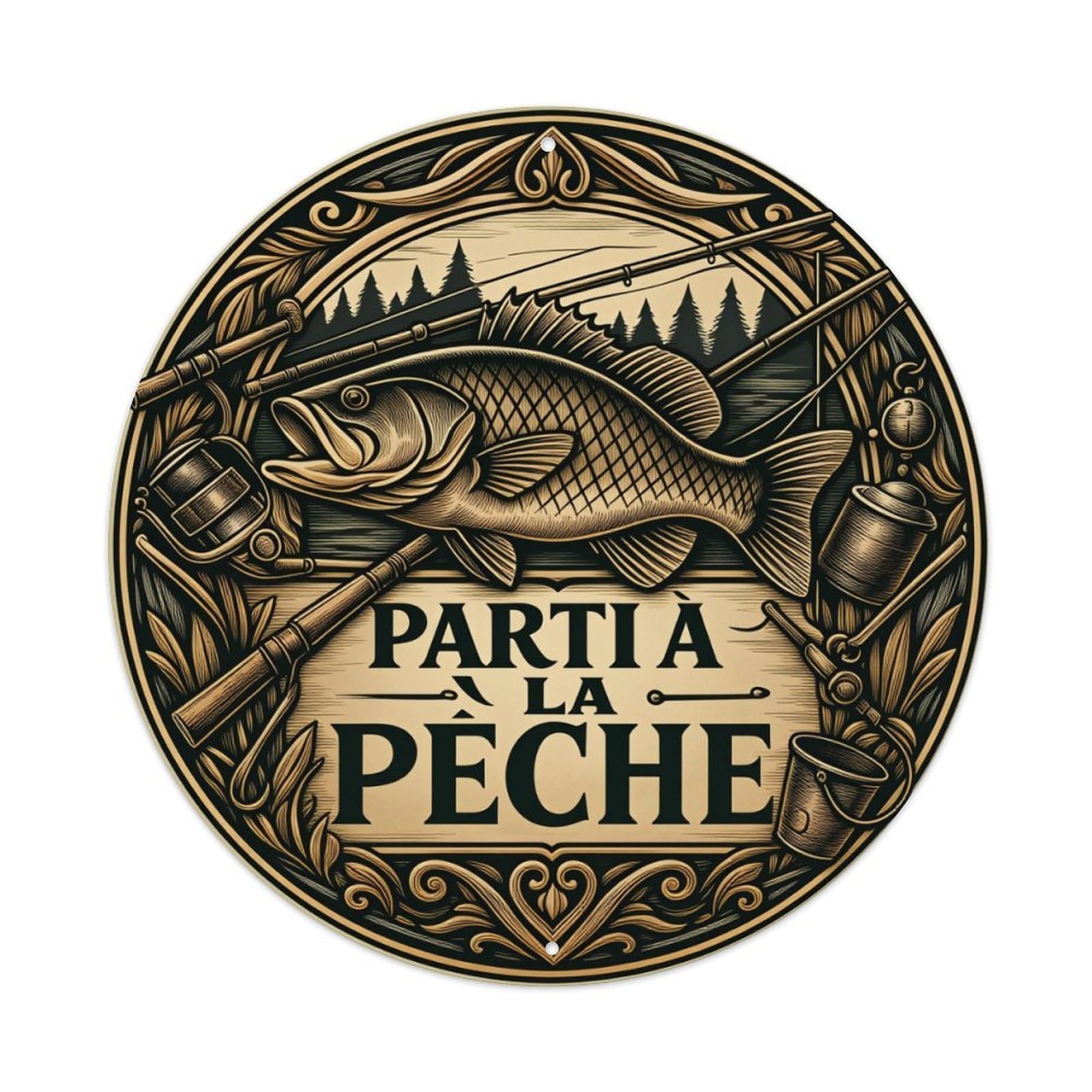 Fishing Rod Fish Forest Gear Emblem Round Tin Sign Vintage Metal Poster, Home Bar Garage Man Cave Cafe Indoor & Outdoor Wall Decoration 8x8Inches