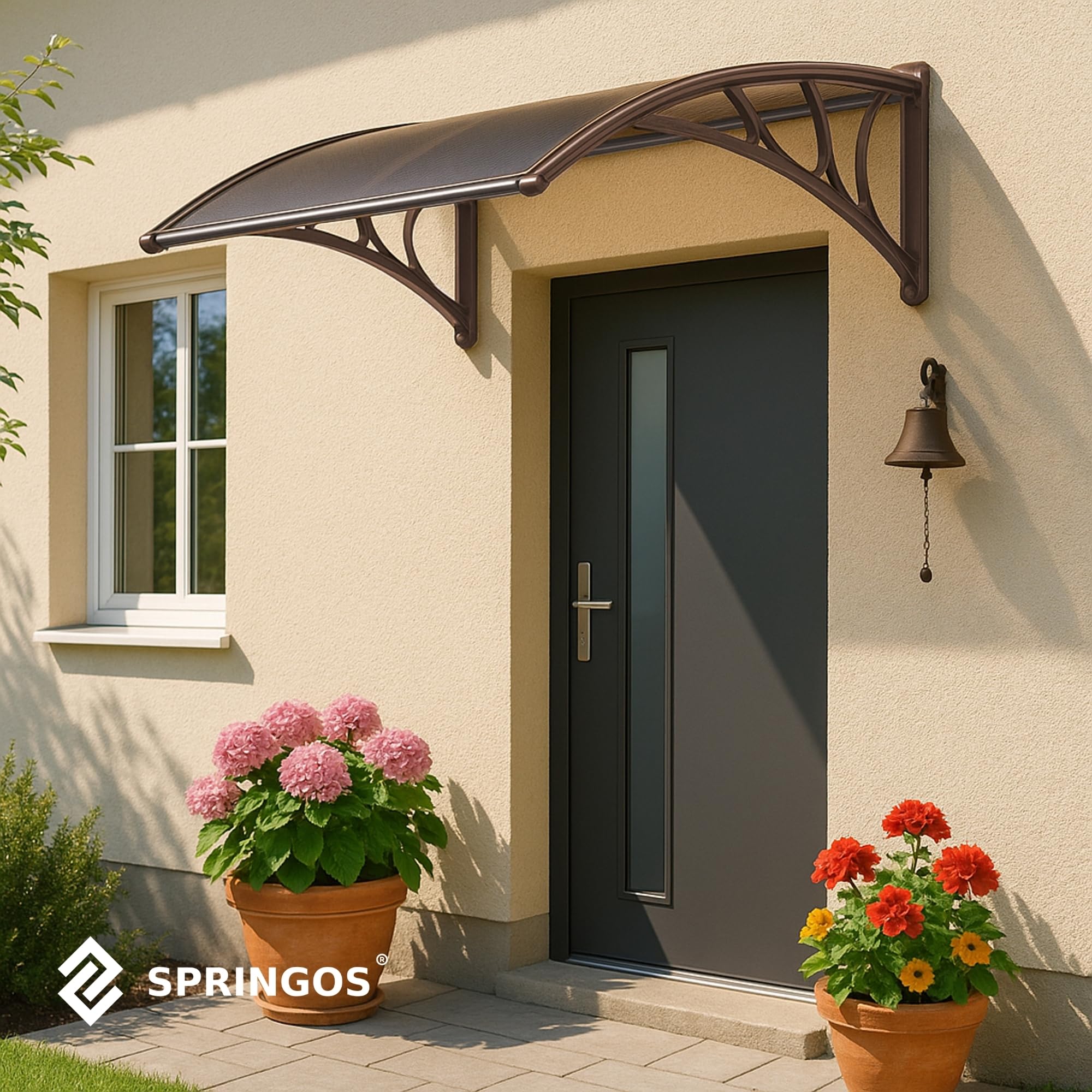 SPRINGOS Marquesina para puerta de entrada curvada, 150 x 75 x 23 cm, techo protector de aluminio y policarbonato