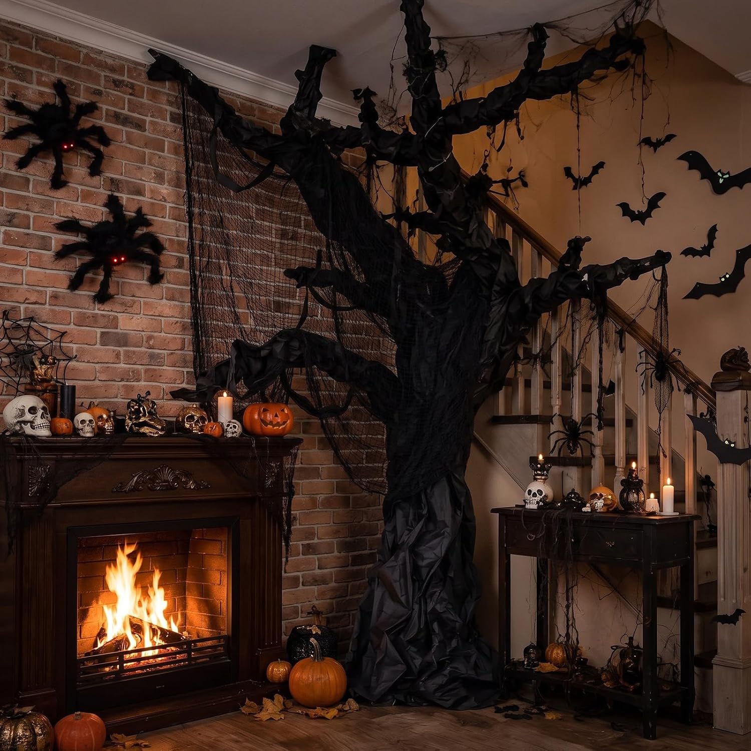 Junkin Halloween Tree Decorations Set,3D Spiders Bats Spiderweb for Outdoor