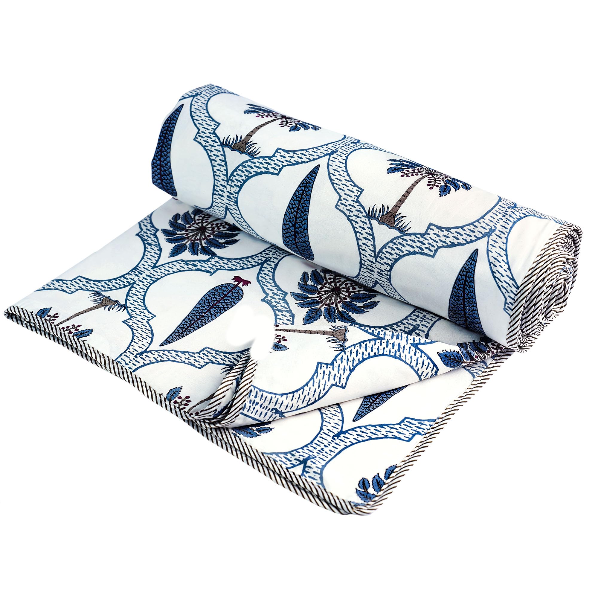 Indigo & Poppy Home Linen Cotton TC - 240 Reversible Dohar Single Bed Size | Jaipuri Printed Artisan Block Design Blanket | Soft Lightweight Ac Comforter Quilt (56"X88", Nargis), Electric Blue