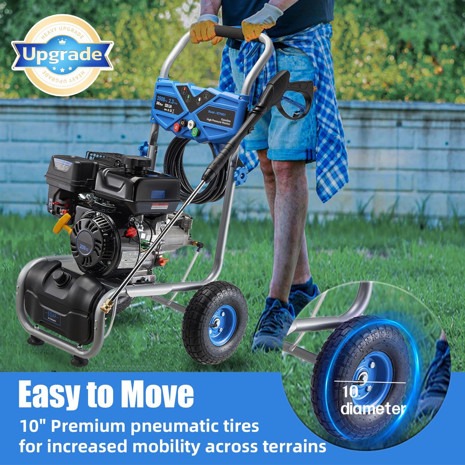 Gas Pressure Washer 3500PSI, 2.3GPM Gas Powered Pressure Washer with Detergent Tank, 4 Quick-Connect Nozzles, Axial Pump, 25FT Hose, Heavy-Duty 209CC Gasoline Power Washer for Car Driveway