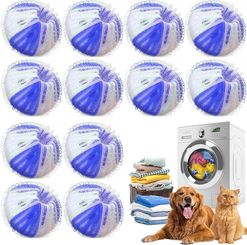 Lint Balls for Washing Machine Against Pet Hair - 12 Pieces Reusable Pet Hair Remover Washing Machine Can Catch Cat Hair During Washing Process (Blue)