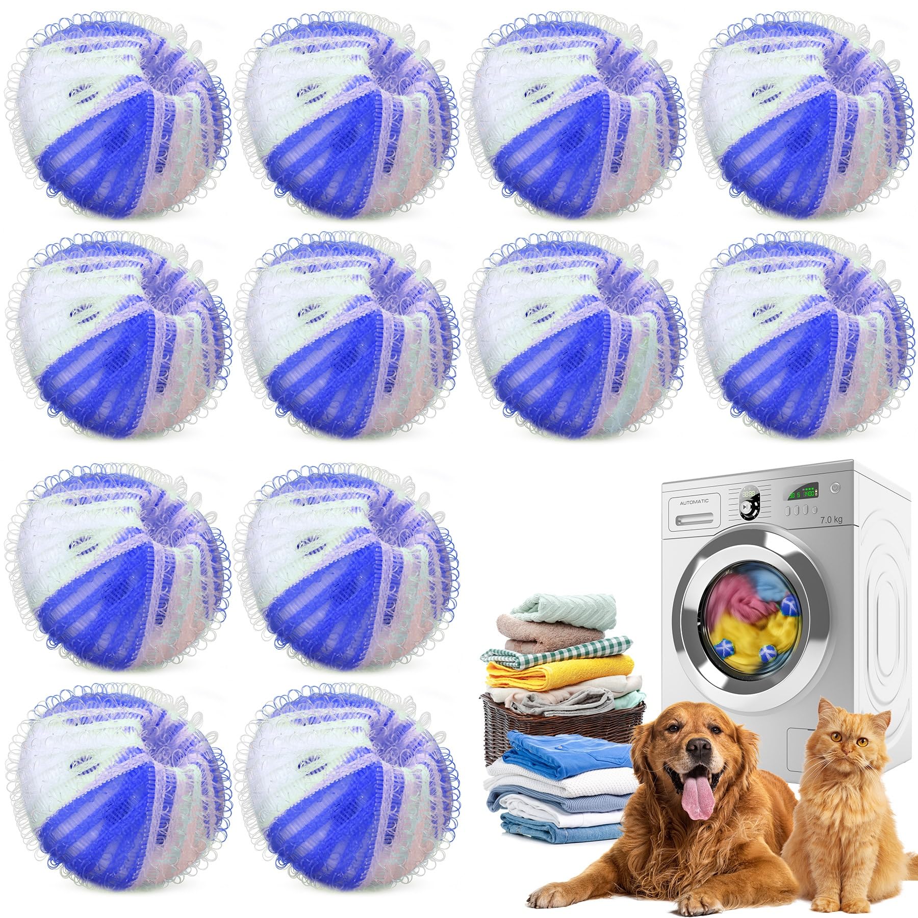 Lint Balls for Washing Machine Against Pet Hair - 12 Pieces Reusable Pet Hair Remover Washing Machine Can Catch Cat Hair During Washing Process (Blue)