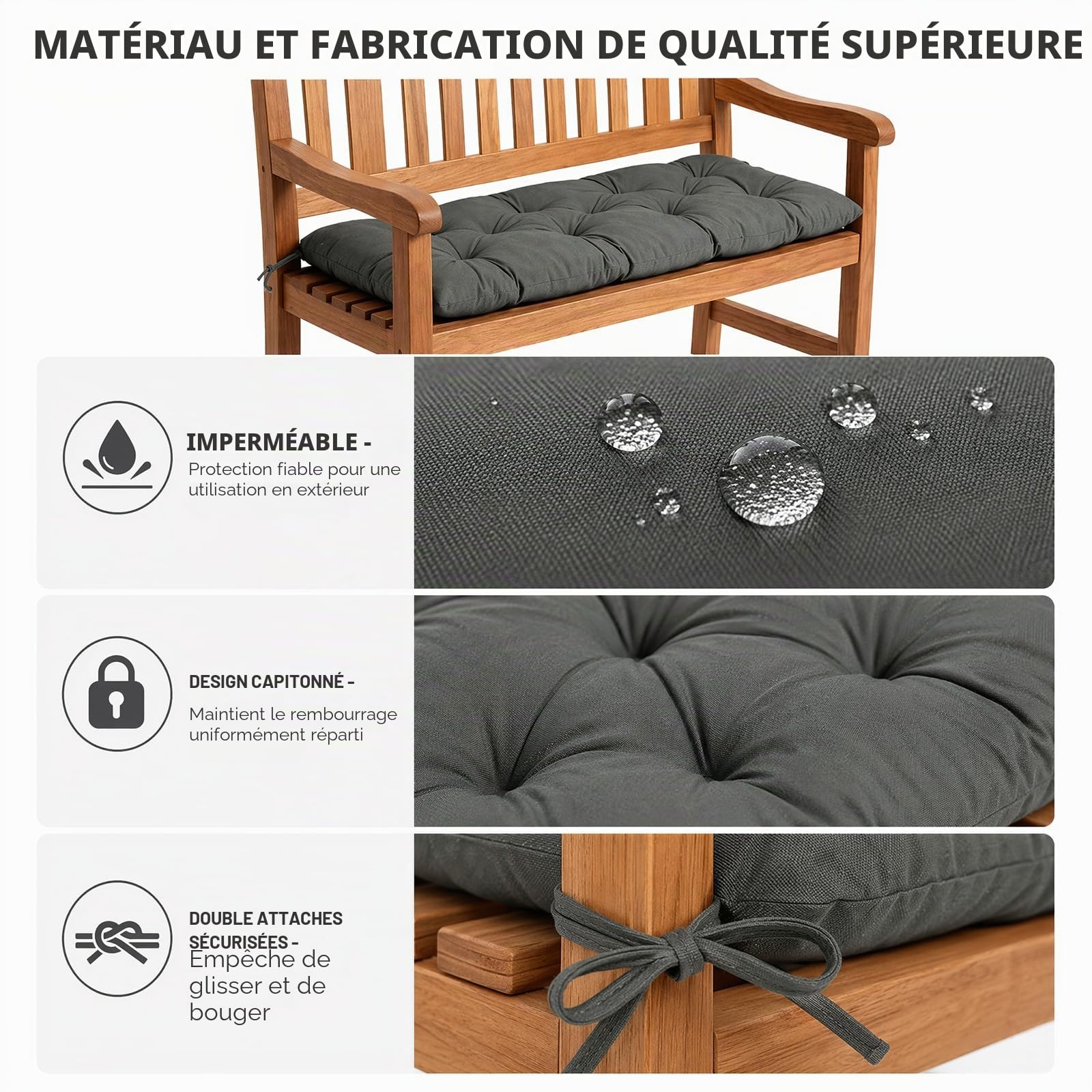 FARYODI Coussin de banc de jardin renforcé, imperméable, pour intérieur et extérieur (gris foncé, 100 x 50 x 10 cm)