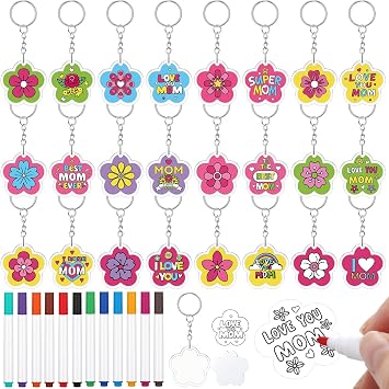 Cunno 36 Pcs DIY Mothers Day Craft Kit, 24 Double-sided Floral Designs Keychain Bulk with 12 Color Markers, Flower Keychain Gifts Set for Mothers Day, Group Craft Activities & Bulk Creative Supplies