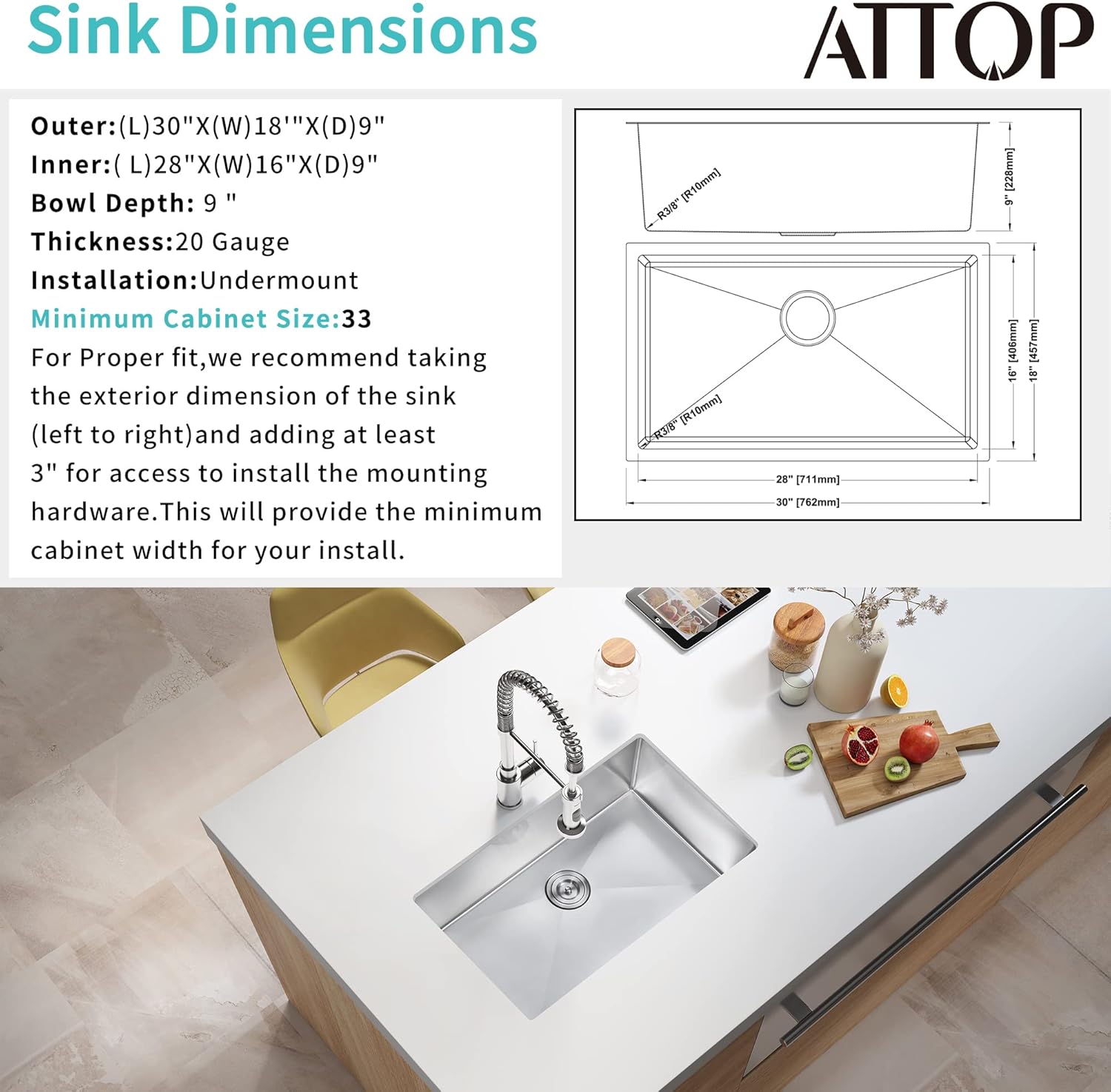 ATTOP 30 Inch Single Bowl Undermount Kitchen Sink,Nano Coating Stainless Steel Handmade Undermount Single Bowl Sink