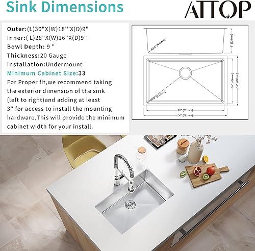 Miniatura 3 de Fregadero de cocina de 30 pulgadas de un solo tazón, fregadero de cocina de acero inoxidable con revestimiento nano