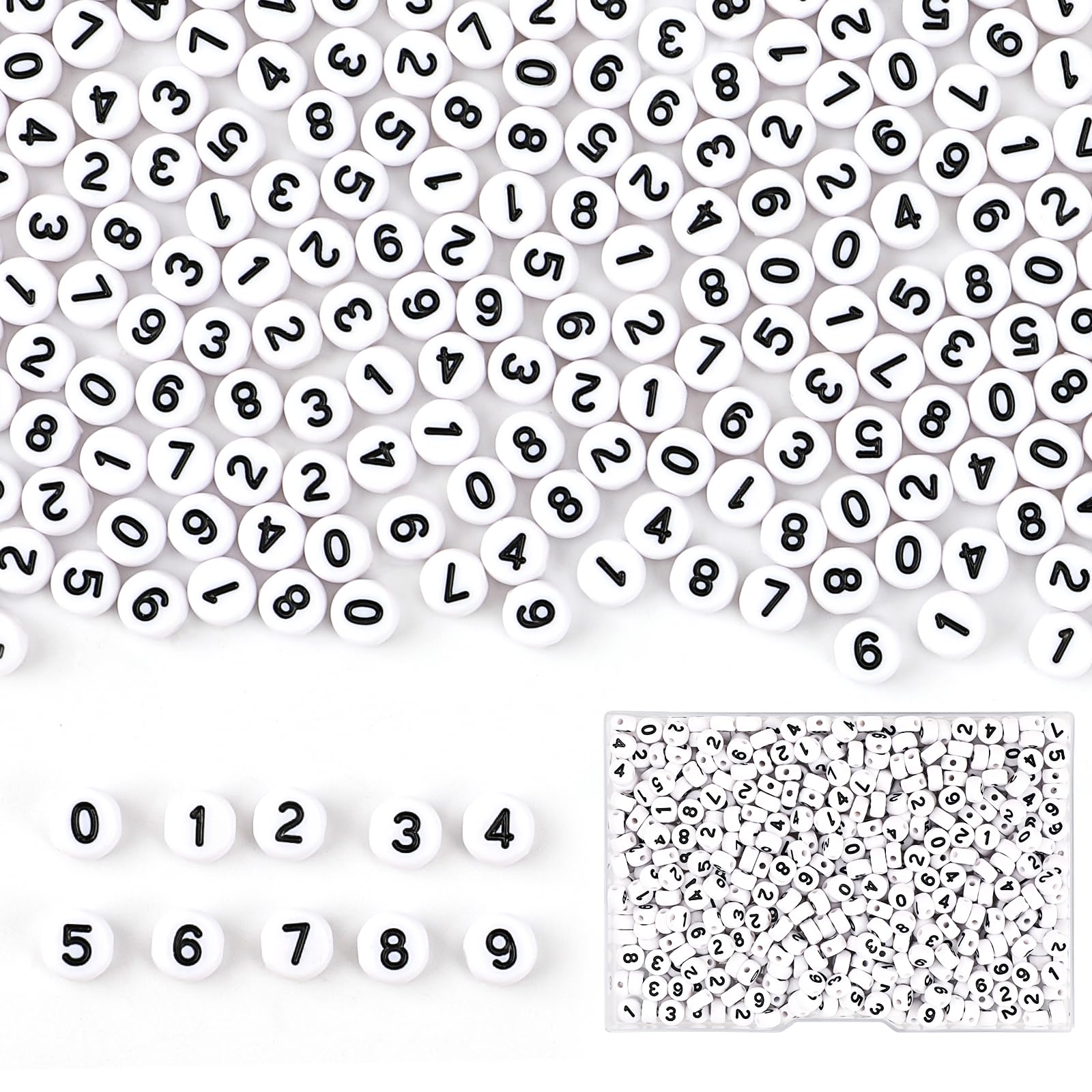 600Pcs 0-9 Number Beads for Jewelry Making，4 x7mm White Acrylic Round Beads for Friendship Making kit，Necklaces, Key Chains (White)