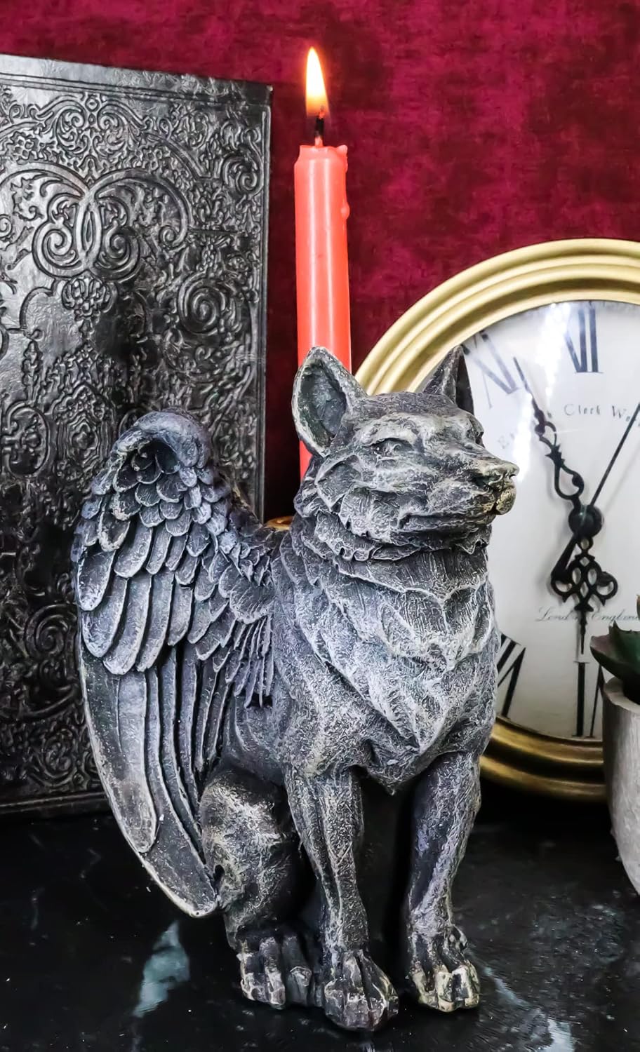 Ebros Sitting Gothic Angel Winged Wolf Candle Holder Statue Denizen Of The Twilight Werewolves Direwolf Fantasy Decor Sculpture For Halloween Underworld Macabre Mystic Decorative Candleholder Figurine