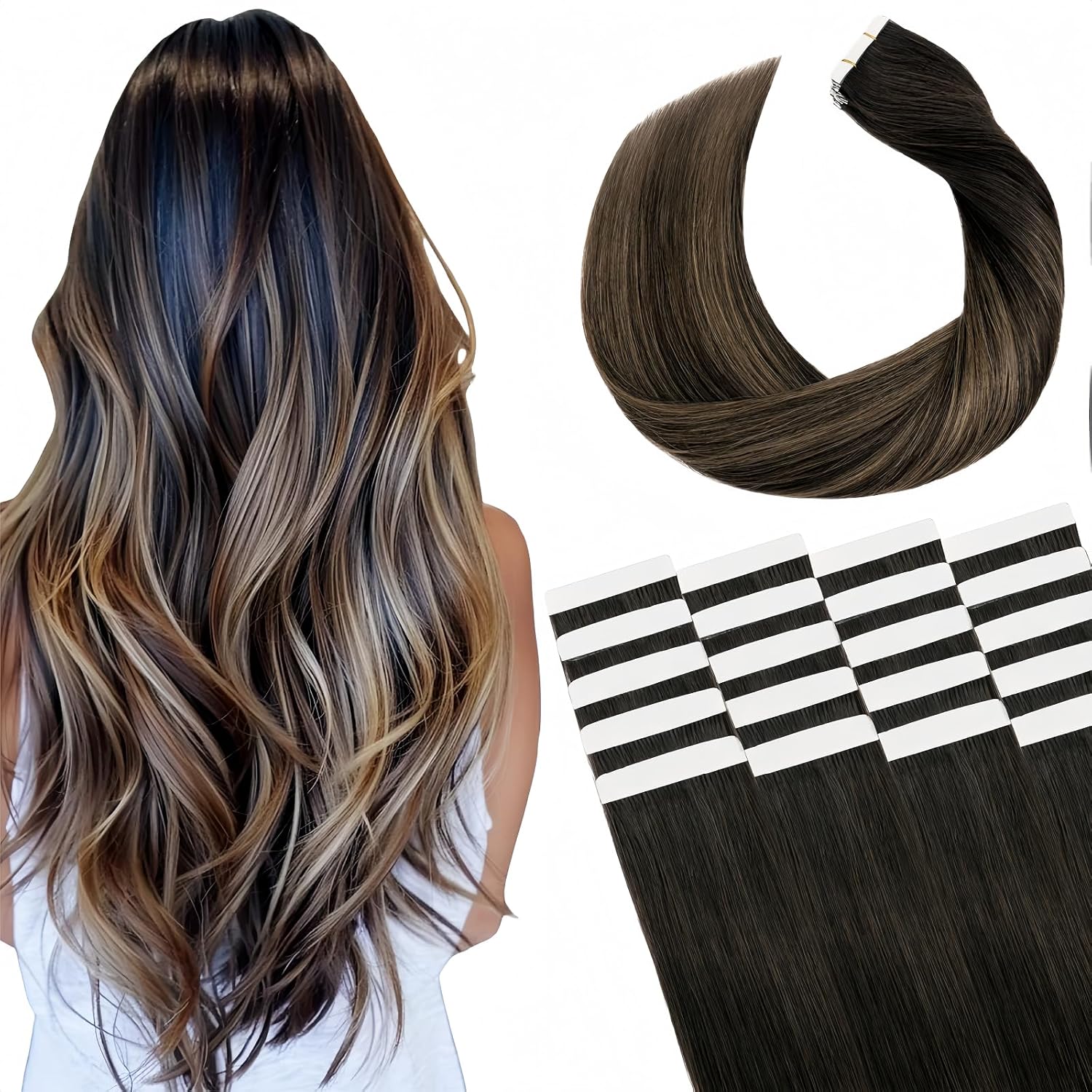 Tape in Hair Extensions Human Hair Utra Thin Invisible Seamless 20pcs 40g (Ombre Dark Brown to Chestnut Brown, 14 inch)