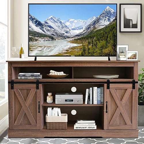 Farmhouse TV Stand Sliding Barn Doors, Modern Wood Entertainment Center, Storage Cabinet Table with Adjustable Shelves for TVs Up to 65", Media Console Television Stands for Living Room, Bedroom