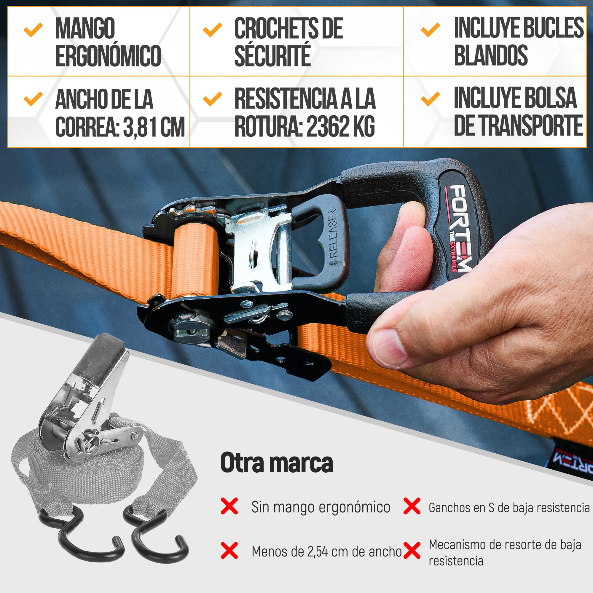 FORTEM Correas De Trinquete, Resistencia 2362kg, 4 Unidades De 3,04m, 4 Lazos Suaves, Mangos Metálicos con Goma, Ganchos con Capa Plástica, Bolsa De Transporte