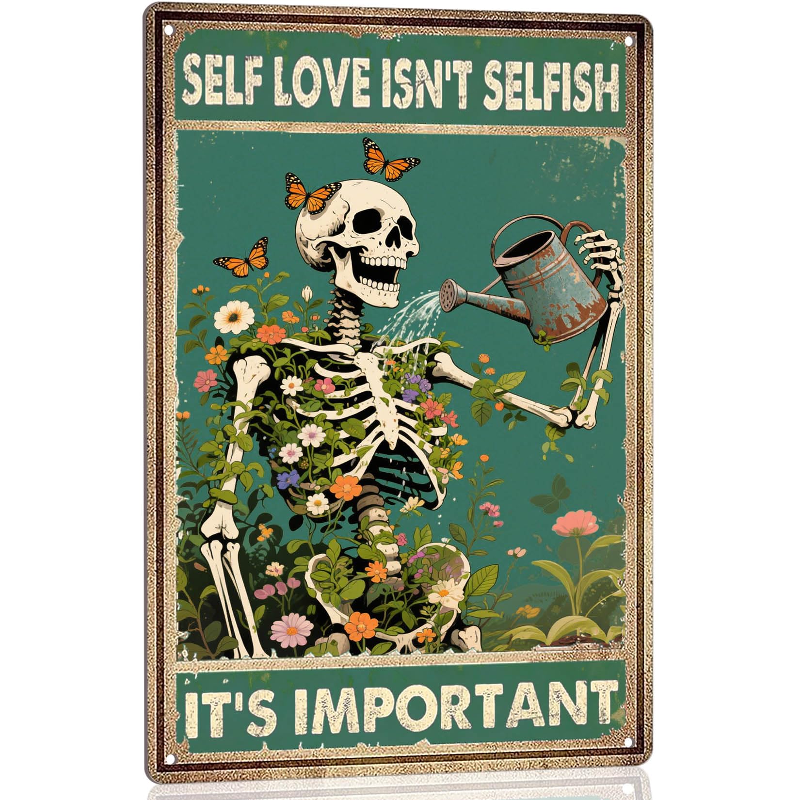 Targa in metallo vintage con teschio per la salute mentale, poster retrò con scheletro - Self Love Isn't Selfish It's Important, decorazioni per casa, giardino, camera da letto, soggiorno, 20 x 30 cm