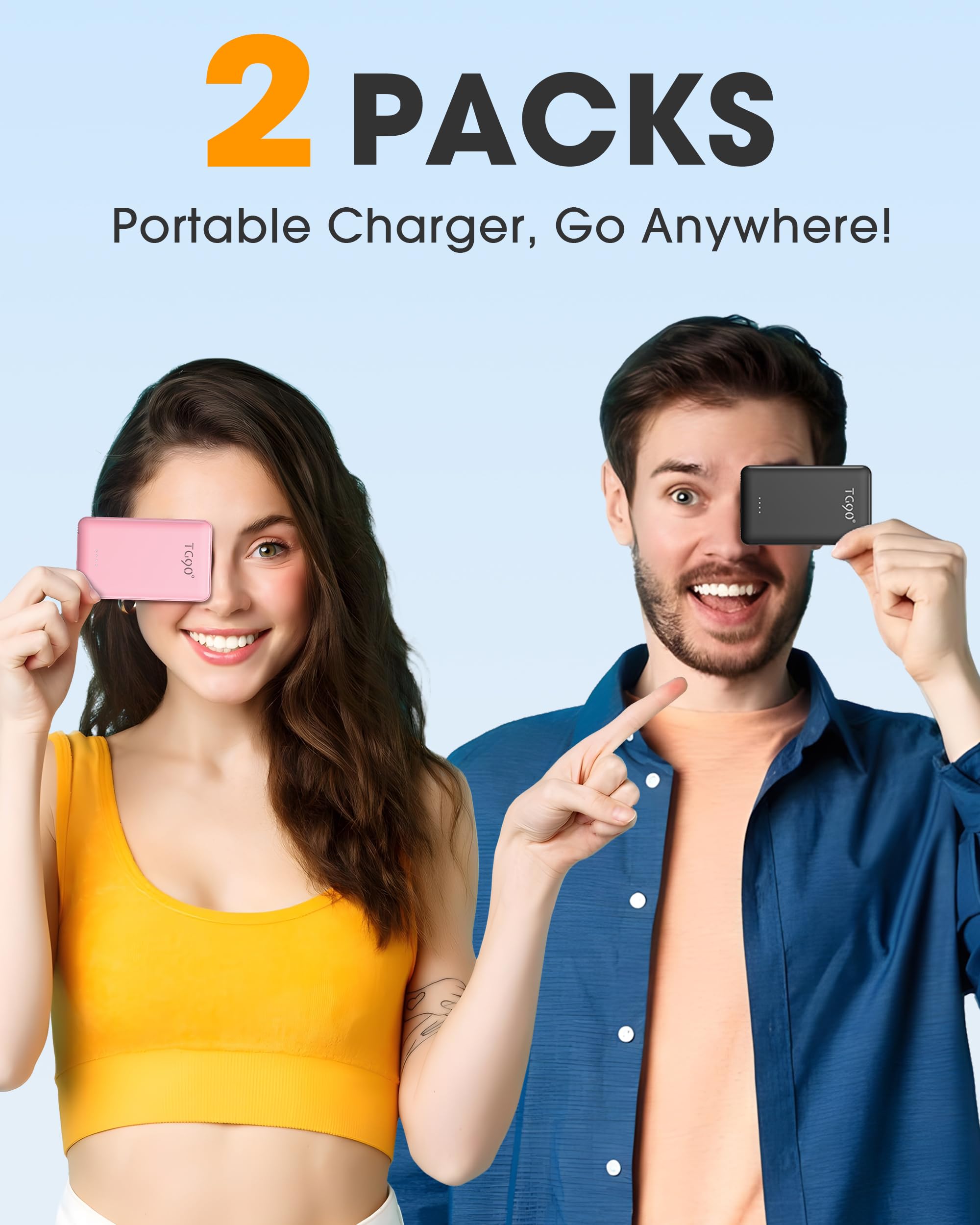 TG90° 2 Pack Portable Charger Power Bank, 5000mAh External Battery Pack with Built-in Foldable AC Wall Plug and Cables, Small USB C Charger Compatible with iPhone and Android Devices