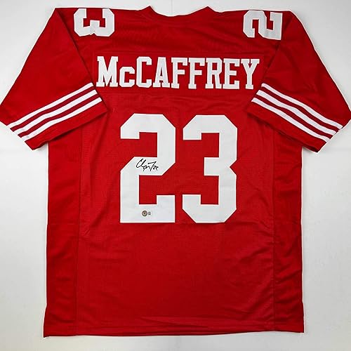 AutographedSigned Christian McCaffrey San Francisco Red Football Jersey Beckett BAS COA