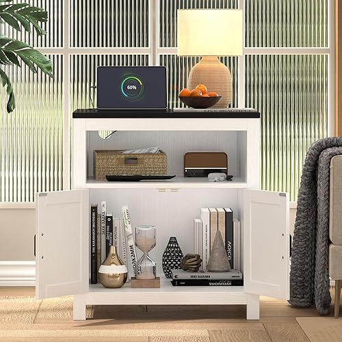 Miniatura 4 de Juego de 2 mesas auxiliares de granja con estación de carga, mesa auxiliar grande de 24 pulgadas con estante abierto y armario de almacenamiento,