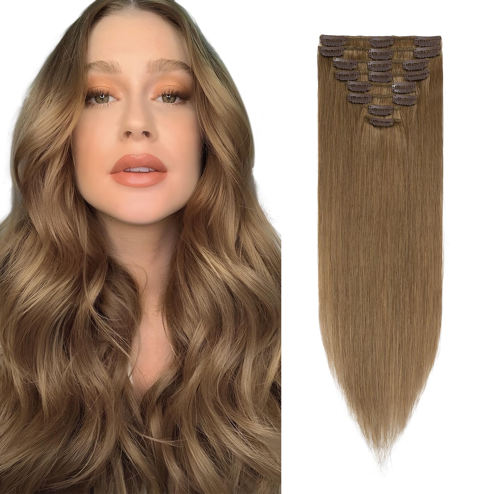 Rich Choices Hair Extensions Clip in Human Hair 16 Inch Light brown Remy Hair Extensions, 8PCS 65g Thin Weft