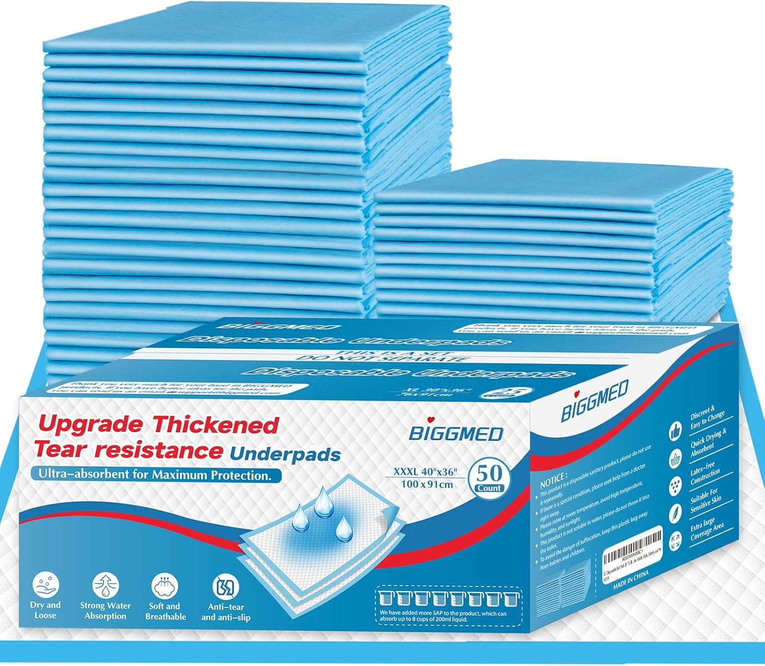 Tear-Resistant Incontinence Bed Pads 40'' x 36'' (50 Count ) with 130 Gram Heavy Duty Disposable Underpads Chucks Pads for Adults, Kids & Elderly | Protection Pads for Bed, Sofa, and Chair 36"x40"(50Count) 50