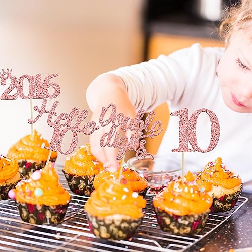 Miniatura 5 de Gyufise Paquete de 24 adornos para cupcakes de 10 cumpleaños con purpurina de oro rosa 10 10 Dights dobles desde 2015 para decoraciones de fiesta de