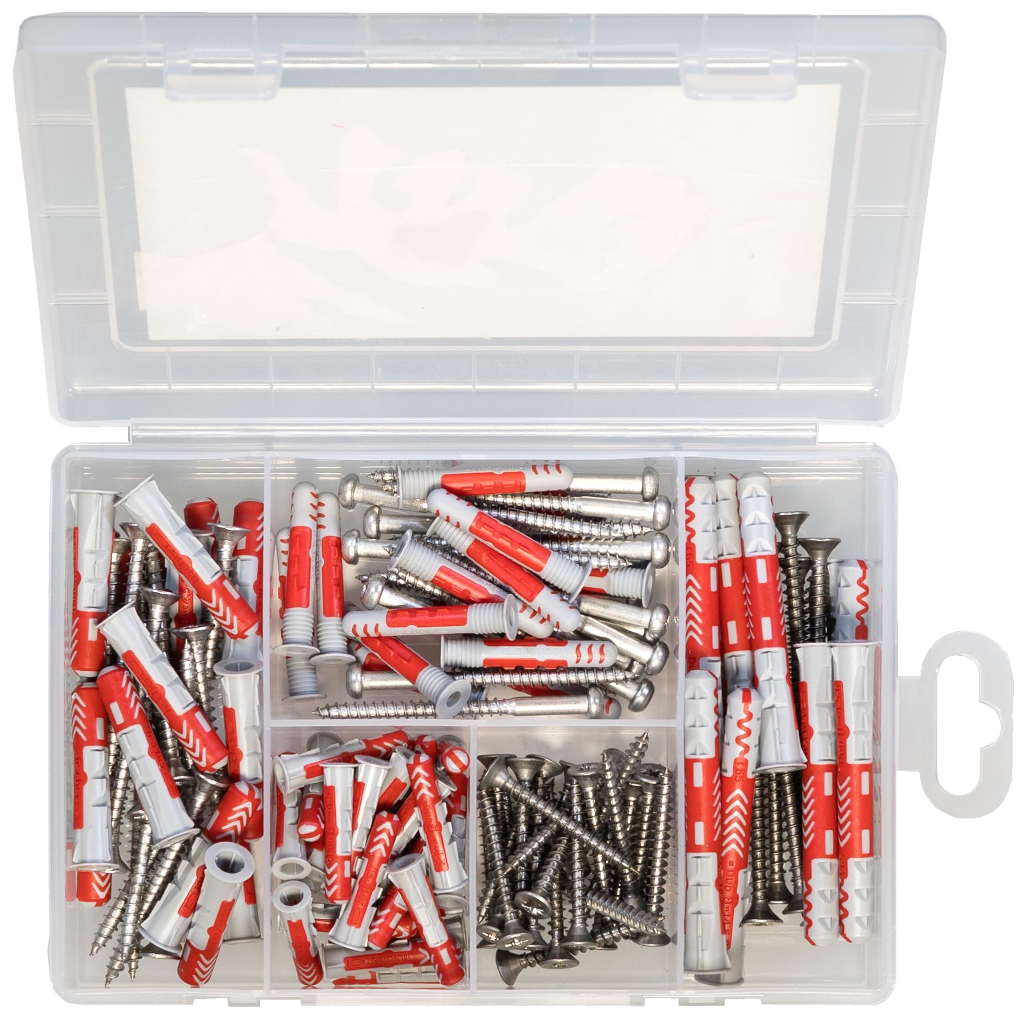 Fischer 561385 - Set di 130 tasselli con viti in acciaio inox e duopower & duoseal, per fissaggio esterno e interno, pratico aiuto per uso interno ed esterno, colore: Rosso
