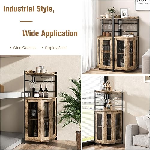 Miniatura 7 de LOKO Armario esquinero para bar de vinos, gabinete industrial para vinos con puertas de malla metálica y estante ajustable, gabinete de licor con
