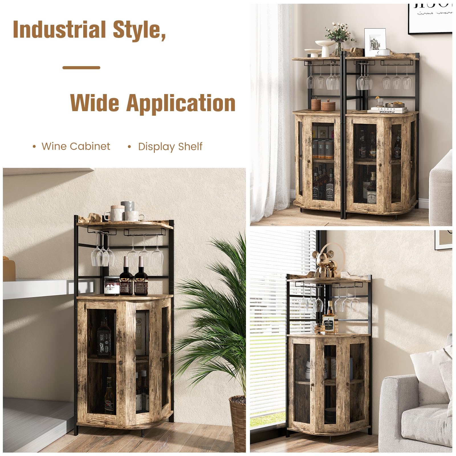 GOPLUS Armario de bar con soporte de cristal, armario de esquina con 2 puertas, armario de vino con estante ajustable, armario de cocina para cocina y comedor (marrón industrial)
