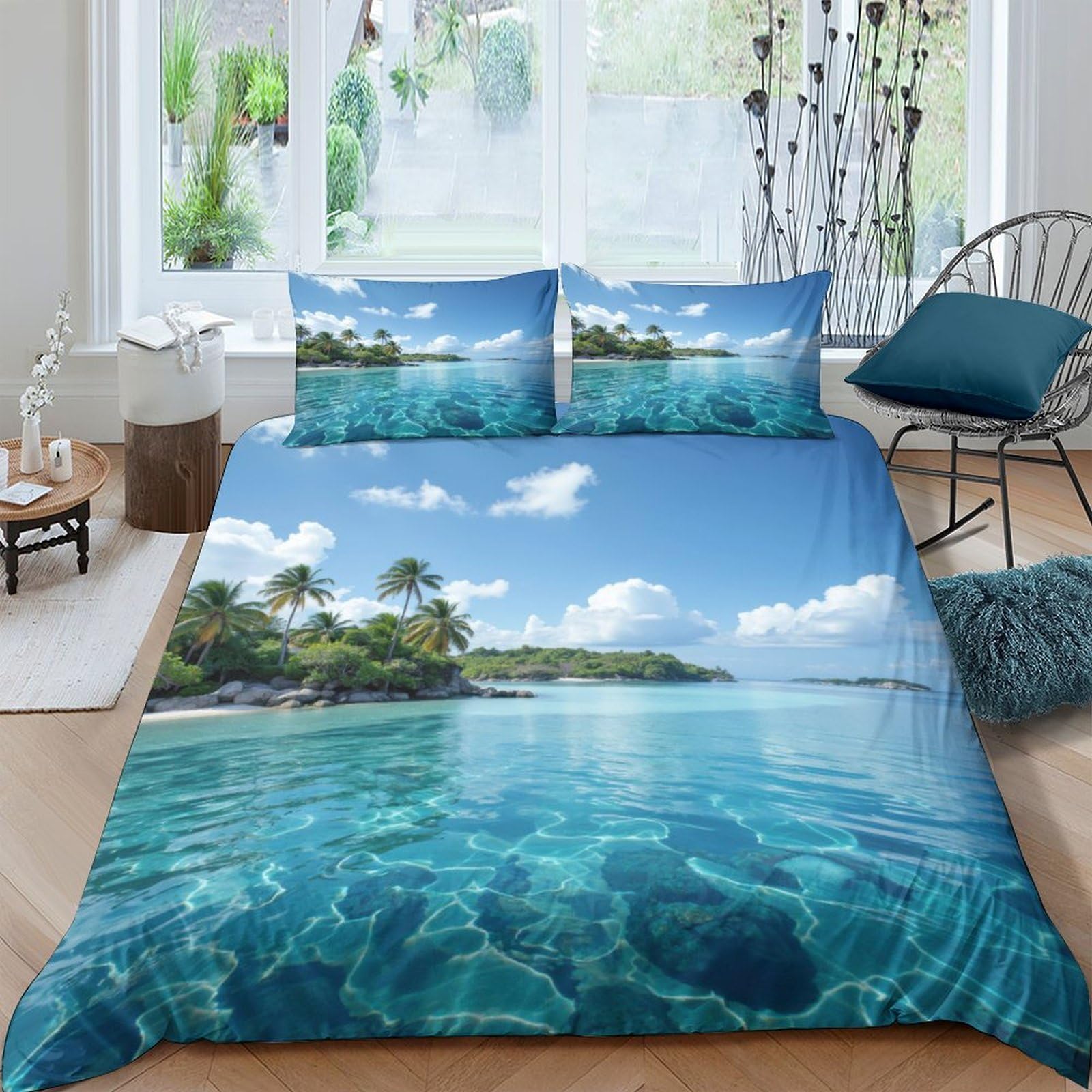 Ctjqhvkz Style-9 3D Printed Tropical Ocean Fitted Sheet Microfiber Soft Blue Beach Island Mattress Cover For Bedroom Guest Room Decor Single（135X200cm）