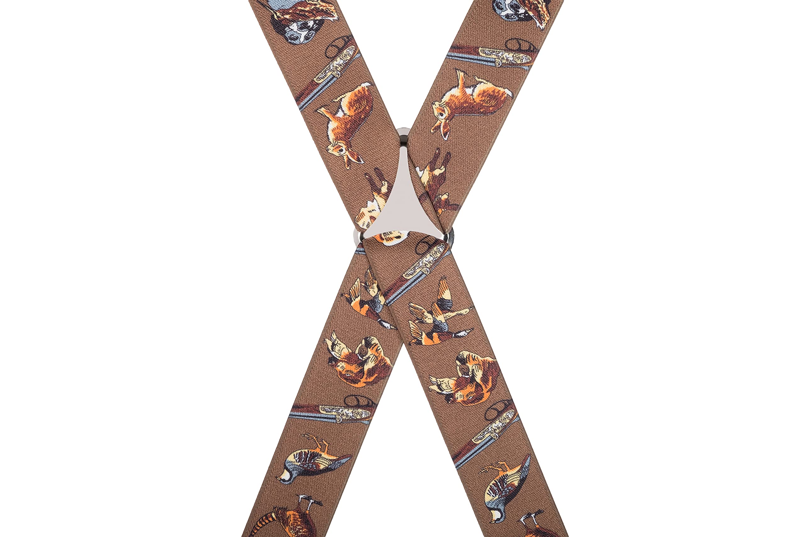 Bretelle per pantaloni da campagna, larghezza 35 mm, elastiche, 4 clip oro o argento, design e dimensioni assortite, per pesca, cervi, caccia, fagiani a tema