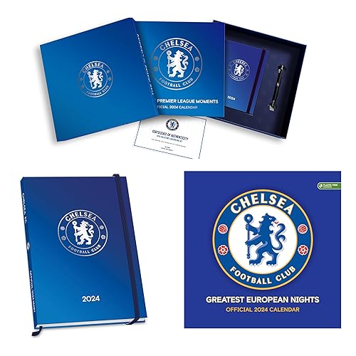 Chelsea Football Gift Set | 2024 Calendar | 2024 Diary | Chelsea FC Pen | Chelsea Football Club Merchandise | Chelsea FC. Gift | Official Product: ... Large Square Calendar, A5 Size Diary and Pen