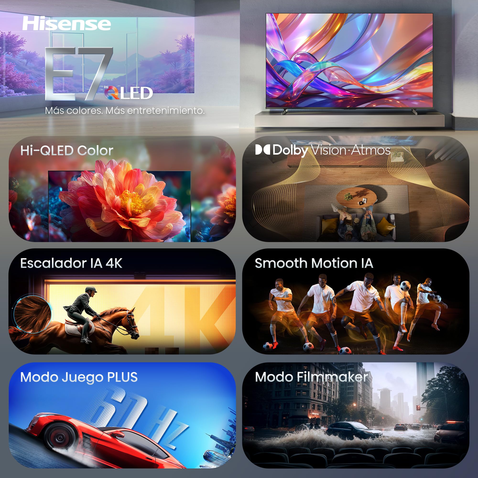 Hisense 50E7S - Hi-QLED Smart TV 50 Pulgadas, Hi-QLED Color, Dolby Vision.Atmos, Escalador IA 4K, Smooth Motion IA, Modo Juego Plus, Dolby Vision IQ, HDR10+Adaptive