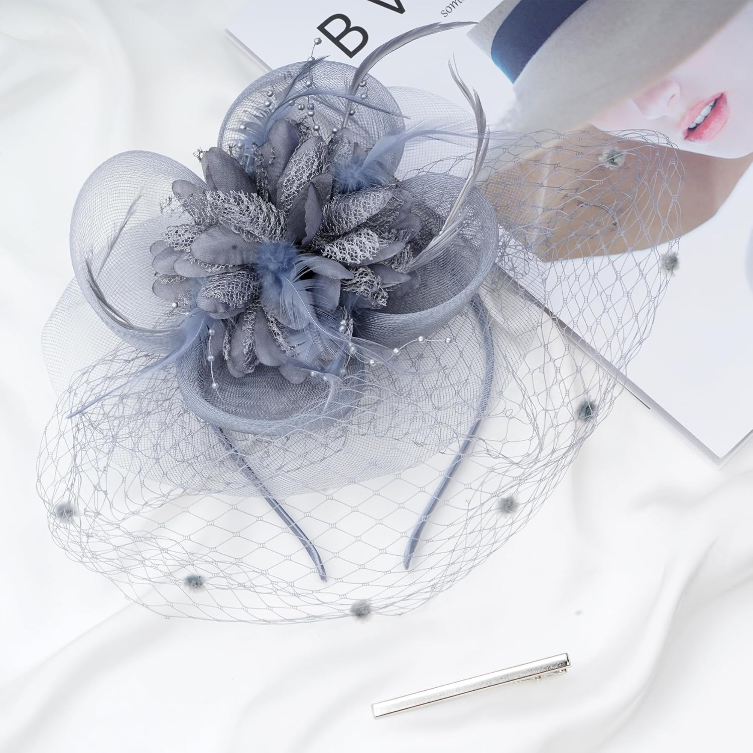 Women's Fascinators Hats Tea Party Hats for Women, 50s Flower Feathers with Veil Headwear for Tea Party Dresses Accessories - Image 2