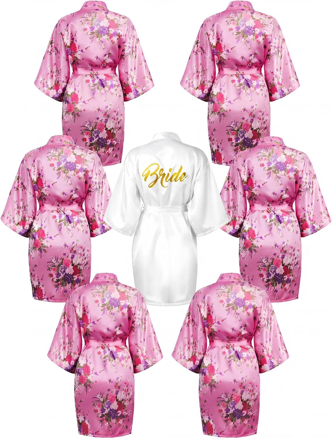 Jecery 7 Pcs Floral Bride Bridesmaid Robes Short Satin Kimono Robe Glitters for Women Wedding Bridal Party
