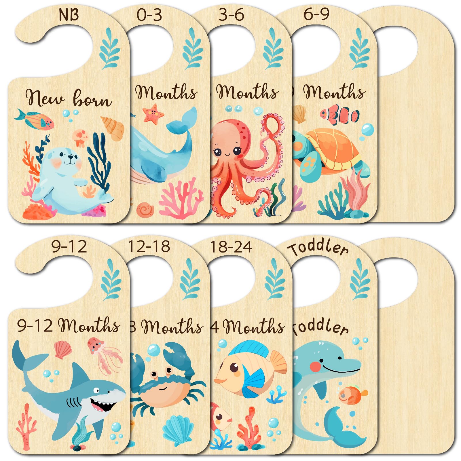 CRASPIRE 10Pcs Closet Dividers Catton Cute Ocean Animal Double Sided Wooden Hanging Organizer Sign Cloth Size Dividers Newborn Baby Stuff 24 Months Toddler for Nursery Beautiful Decor Shower Home