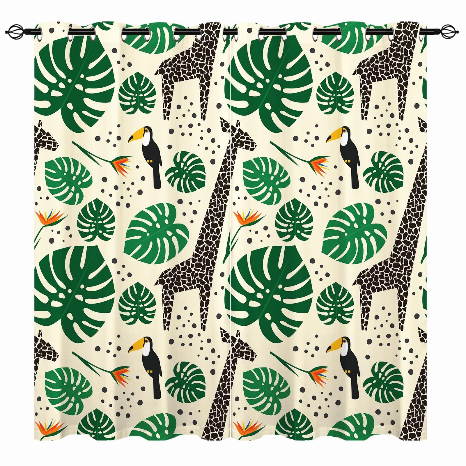 YUANZU Giraffe Curtains - Toucan Tropical Plants Palm Leaves Jungle Safari Animals Print Pattern Eyelet Blackout Thermal Insulated Window Drapes for Bedroom Living Room 2 Panels W132cm x D213cm