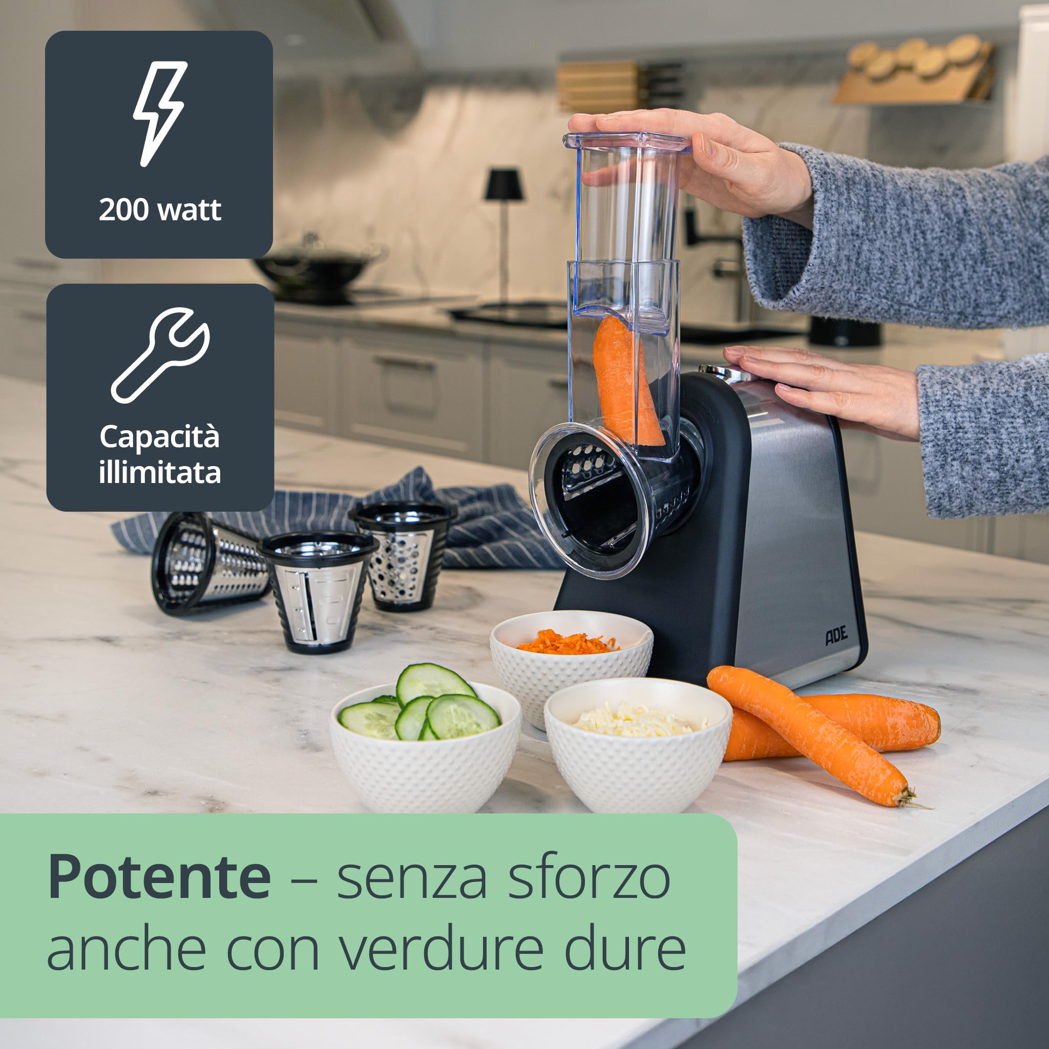 ADE Taglia verdure elletrico | grattugia e mandolina elettrica da cucina con 4 inserti extra-affilati | affeta verdure | tagliaverdure multifunzione | fino a 500 W