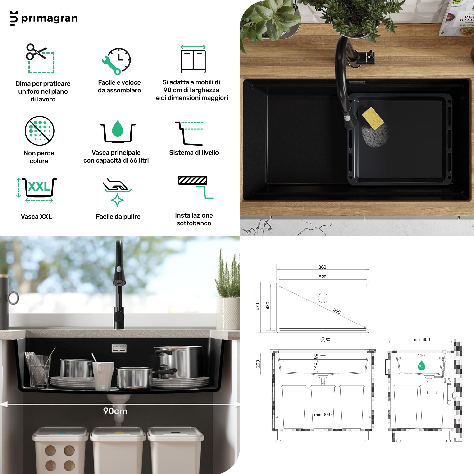 PRIMAGRAN Lavello sottotop al Mobile 90cm + Kit di scarico, 86x47cm