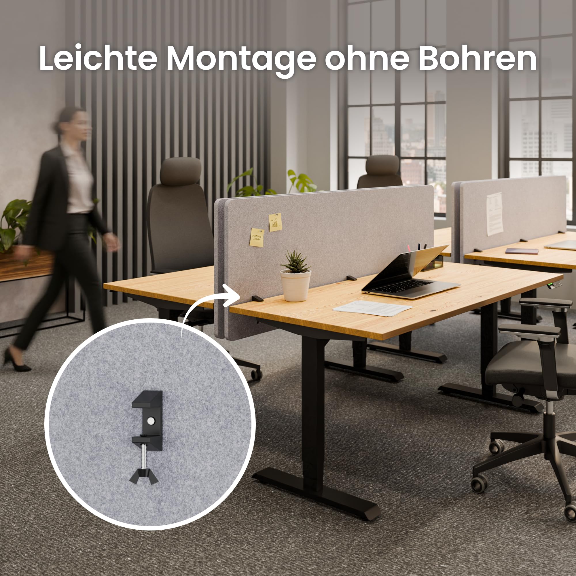 Ergotopia Focus Pure Akustik Trennwand Schreibtisch – effektiver Sichtschutz Büro – 180x60cm Tischtrennwand aus recyceltem PET – Schallschutz Schreibtisch & Tischaufsatz Büro mit Klemmmontage – Grau
